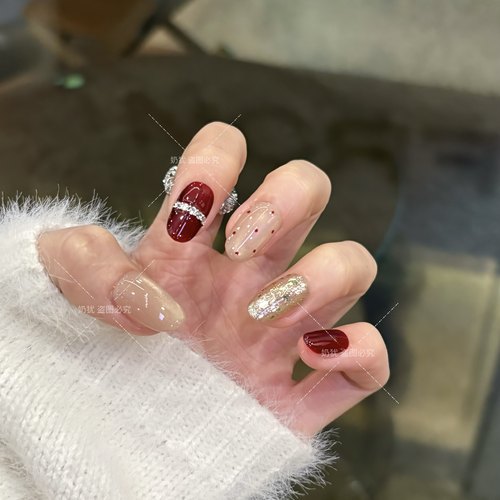【A鎏金盛宴】复古酒红高级感显白香槟玻璃珠手工穿戴美甲轻奢风