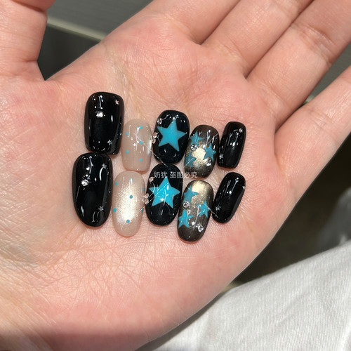 夜蓝星手绘Y2K猫眼穿戴甲