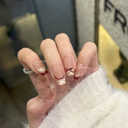 【叛逆甜心】超显白酒红丝带法式波点蝴蝶结纯手工穿戴甲美甲产品