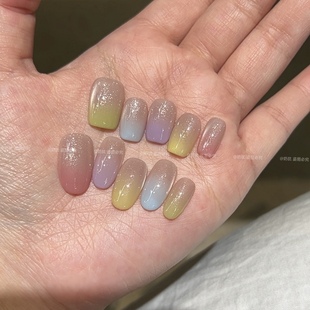 夏日缤纷多巴胺少女感纯手工穿戴甲糖果跳色美甲成品 A彩虹糖