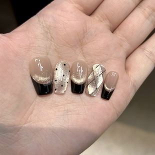 菱格猫眼穿戴甲美甲成品 高品质纯手工复古黑色法式 A柏林少女