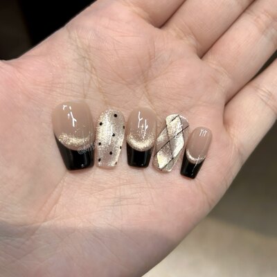 【A柏林少女】高品质纯手工复古黑色法式菱格猫眼穿戴甲美甲成品
