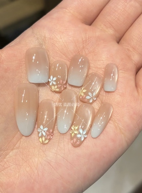 【半糖初夏】夏日奶蓝色手绘立体多巴胺花卉纯手工穿戴甲清新美甲