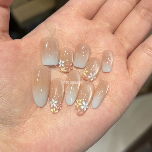 【半糖初夏】夏日奶蓝色手绘立体多巴胺花卉纯手工穿戴甲清新美甲