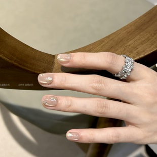 高品质裸感猫眼手绘金色五瓣花纯手工穿戴甲美甲成品 A落樱