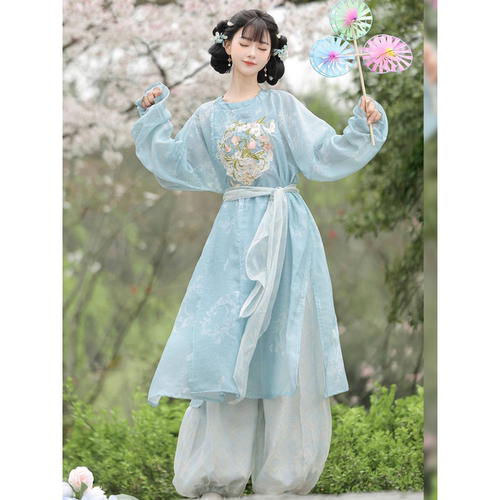 小桃仙唐制刺绣汉服圆领袍灯笼裤