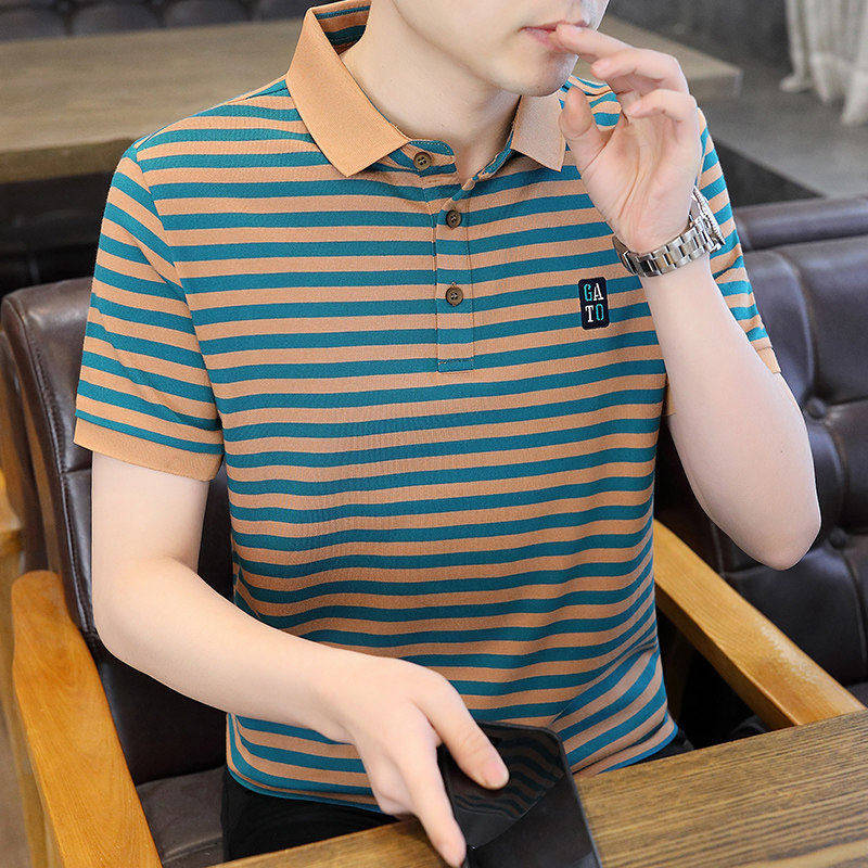 条纹POLO衫男士短袖夏季冰丝薄款2026新款高级感商务休闲翻领T恤
