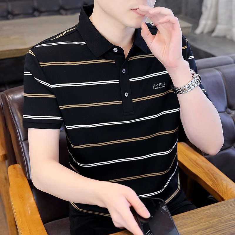 高端冰丝短袖POLO衫男条纹2025夏季薄款翻领商务休闲男士半袖上衣