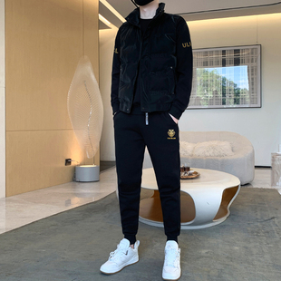 高端男士套装纯棉羽绒马甲秋冬新款潮流印花圆领修身运动三件套男