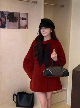 兔耳朵连帽领双面羊绒大衣外套2024年秋冬羊毛红色宽松显瘦洋气潮