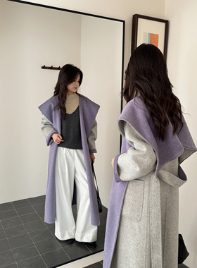 2025秋冬新款女灰紫双面羊绒大衣女中长款连帽系带羊毛大衣呢外套
