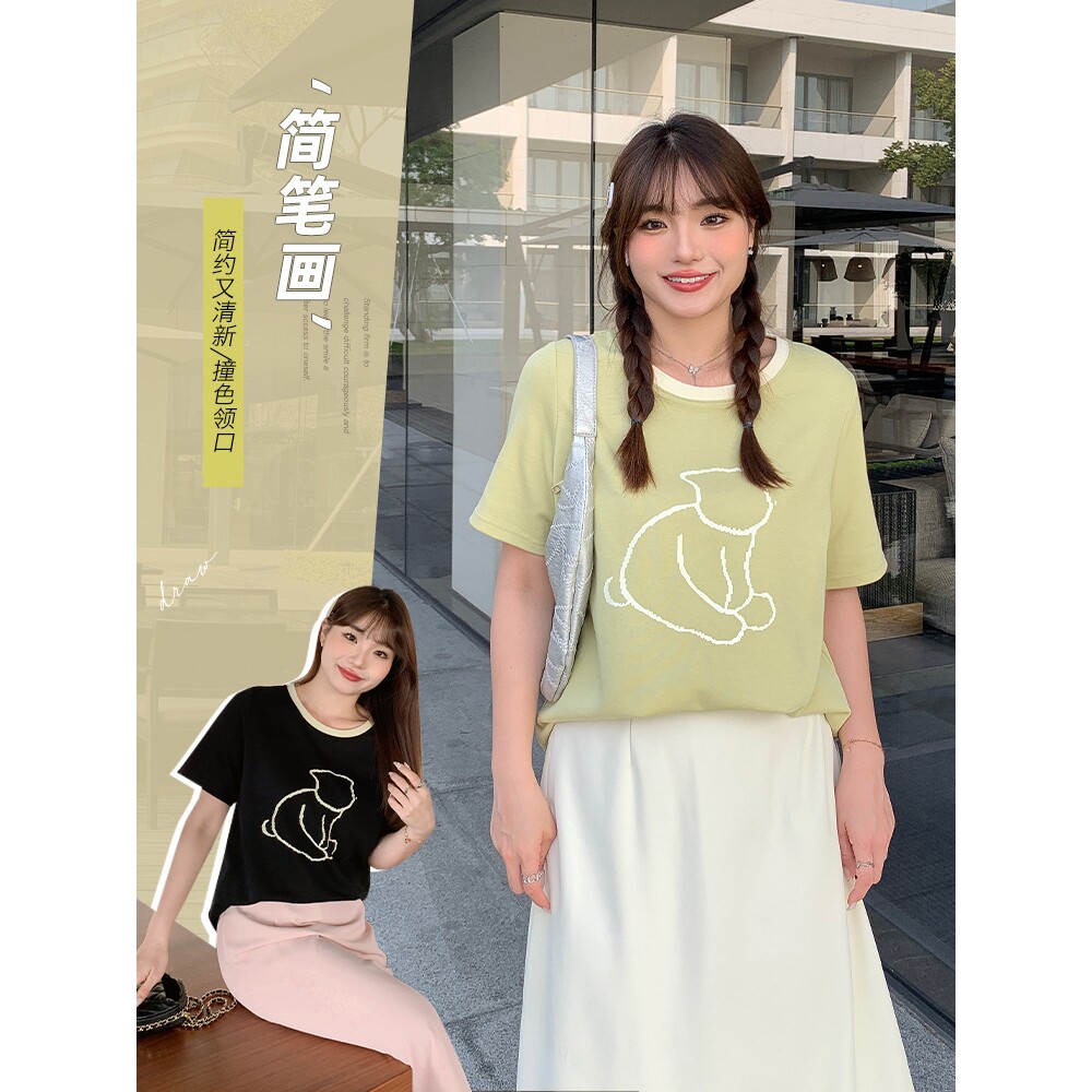 日本进口简笔画个性设计撞色t恤夏季大码女装可爱趣味T针织正肩上