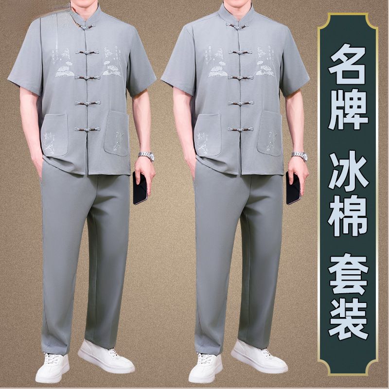胖东来爸爸夏装国风套装男士2025新款短袖衬衫中老年人唐装两件套