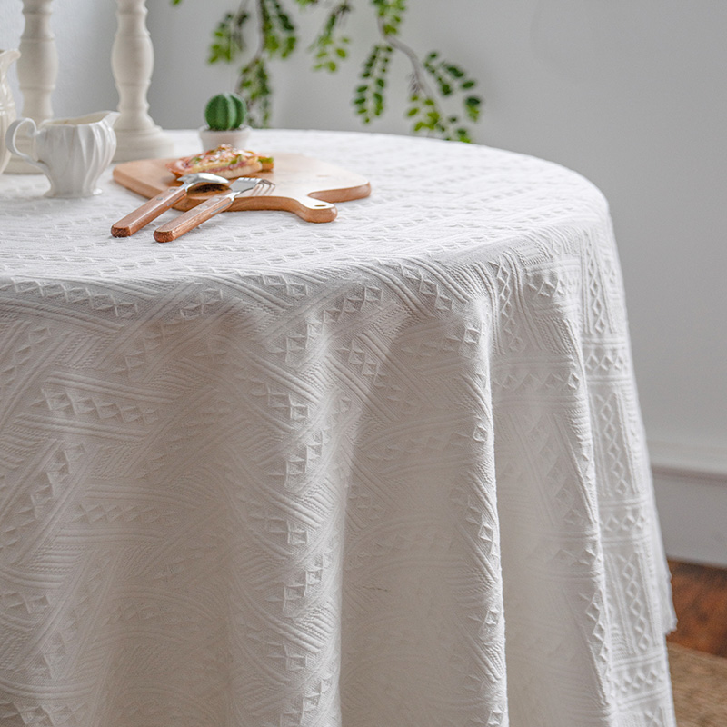 日系白色高级感轻奢风圆形餐桌布