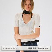 CLOUD 套头小众上衣女 短袖 WILD白云野边新款 米色镂空V领针织衫