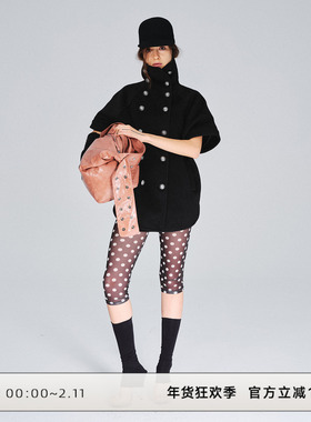 CLOUD WILD白云野边黑色双排扣立领披肩毛呢外套斗篷披风呢子大衣