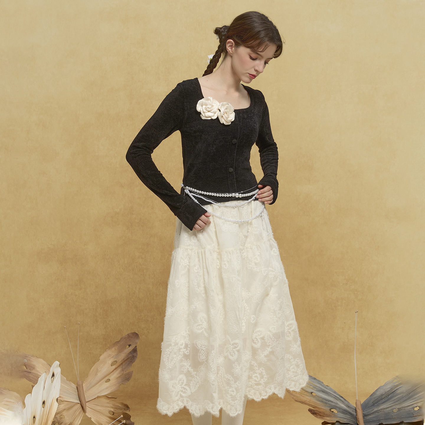 尾鸢录法式千金风蕾丝重工毛毛绣花半身裙女高腰A字长裙气质摆裙