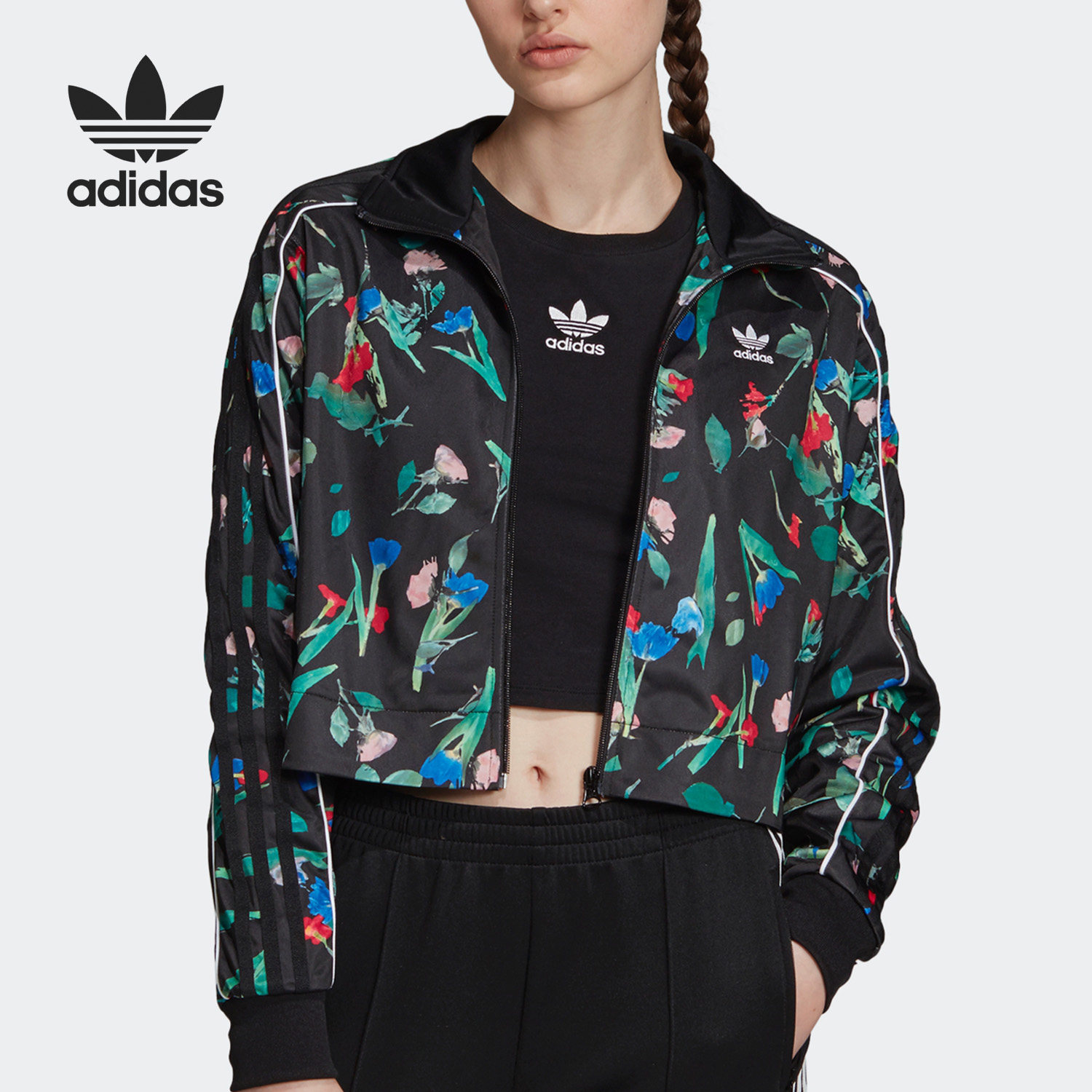 Adidas/阿迪达斯正品三叶草女子花卉短款运动夹克外套 EC5772