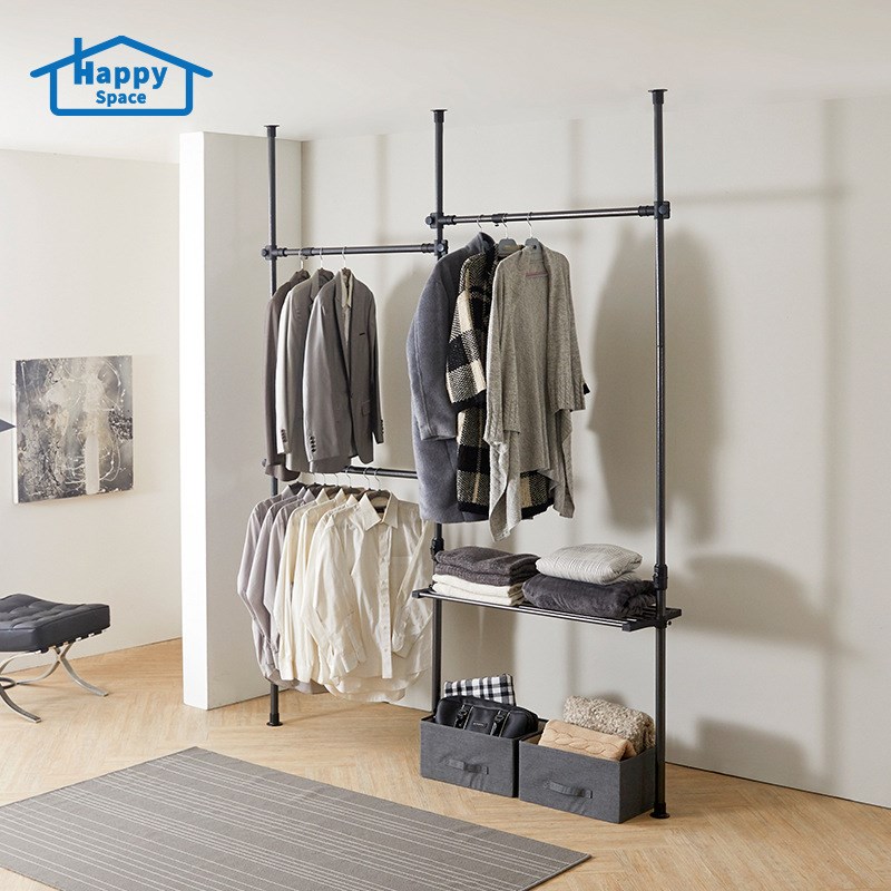 按键式新品免打孔挂衣架 顶天立地晾衣架 室内收纳简易衣帽柜