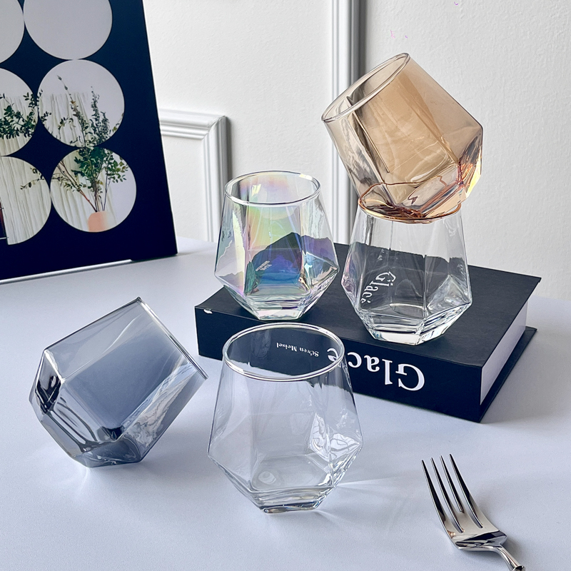 ins风仙气十足幻彩色玻璃杯六角水杯牛奶果汁饮料杯洋酒杯家用杯