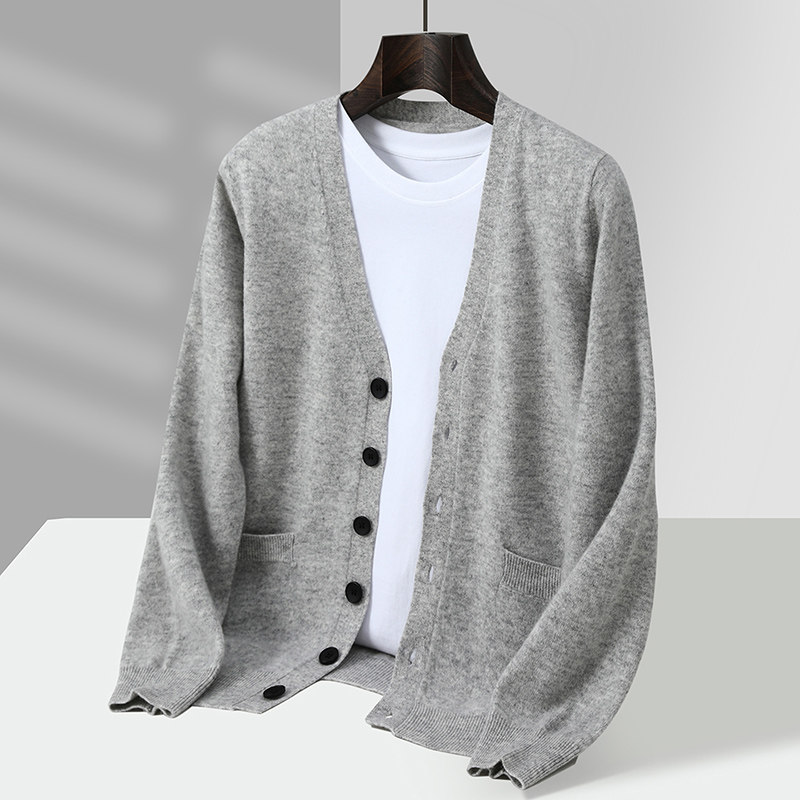 100%纯羊毛衫男开衫外套带兜宽松大码V领毛衣春秋针织打底衫薄款