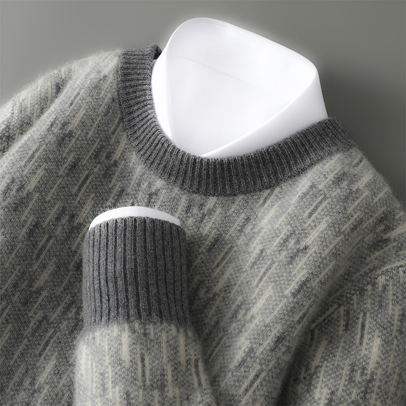 加厚100%纯羊毛衫男圆领套头毛衣提花秋冬宽松针织打底衫2025新款