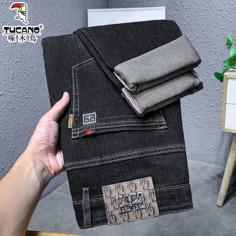 啄木鸟高端男士牛仔裤秋季新款弹力修身小直筒潮牌时尚厚款长裤子