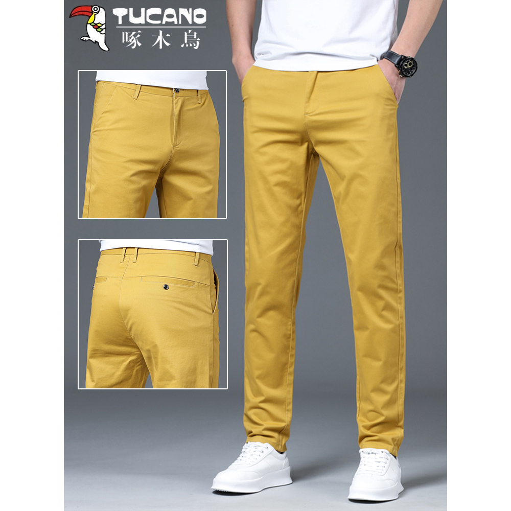 啄木鸟高端纯棉休闲裤男士修身小直筒潮牌多巴胺九分百搭商务长裤