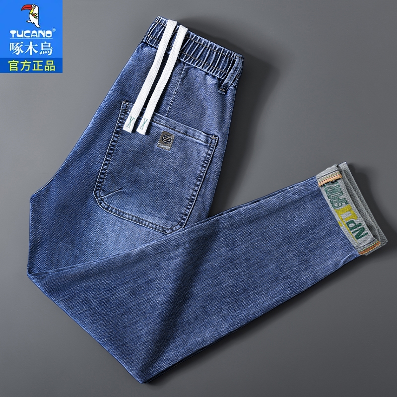 啄木鸟2025新款男士牛仔裤男款夏季薄款松紧腰抽绳弹力修身直筒裤