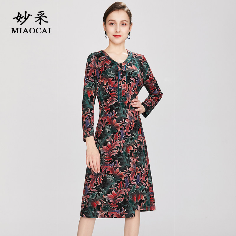 妙采MIAOCAI中年妈妈洋气连衣裙春秋装时尚女中长款收腰修身裙子