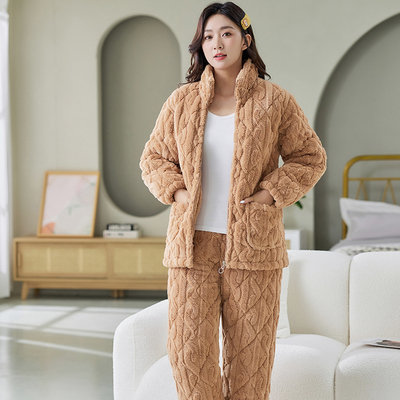 拉链法兰绒家居服套装保暖修身女