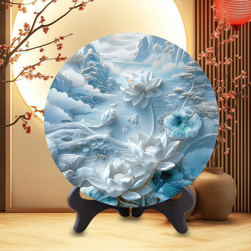 【多种款式选择】山水荷花浮雕装饰画房间客厅办公室圆形相框摆件图片