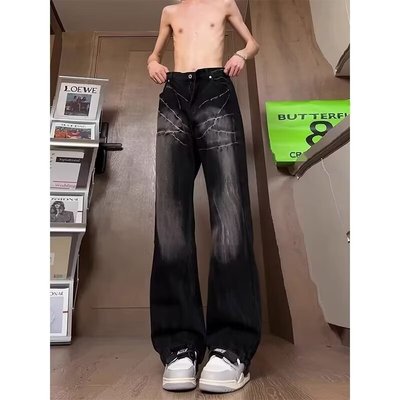 水洗黑灰色微喇牛仔裤男生穿搭高腰裤子美式高街vibe皮带款弯刀裤