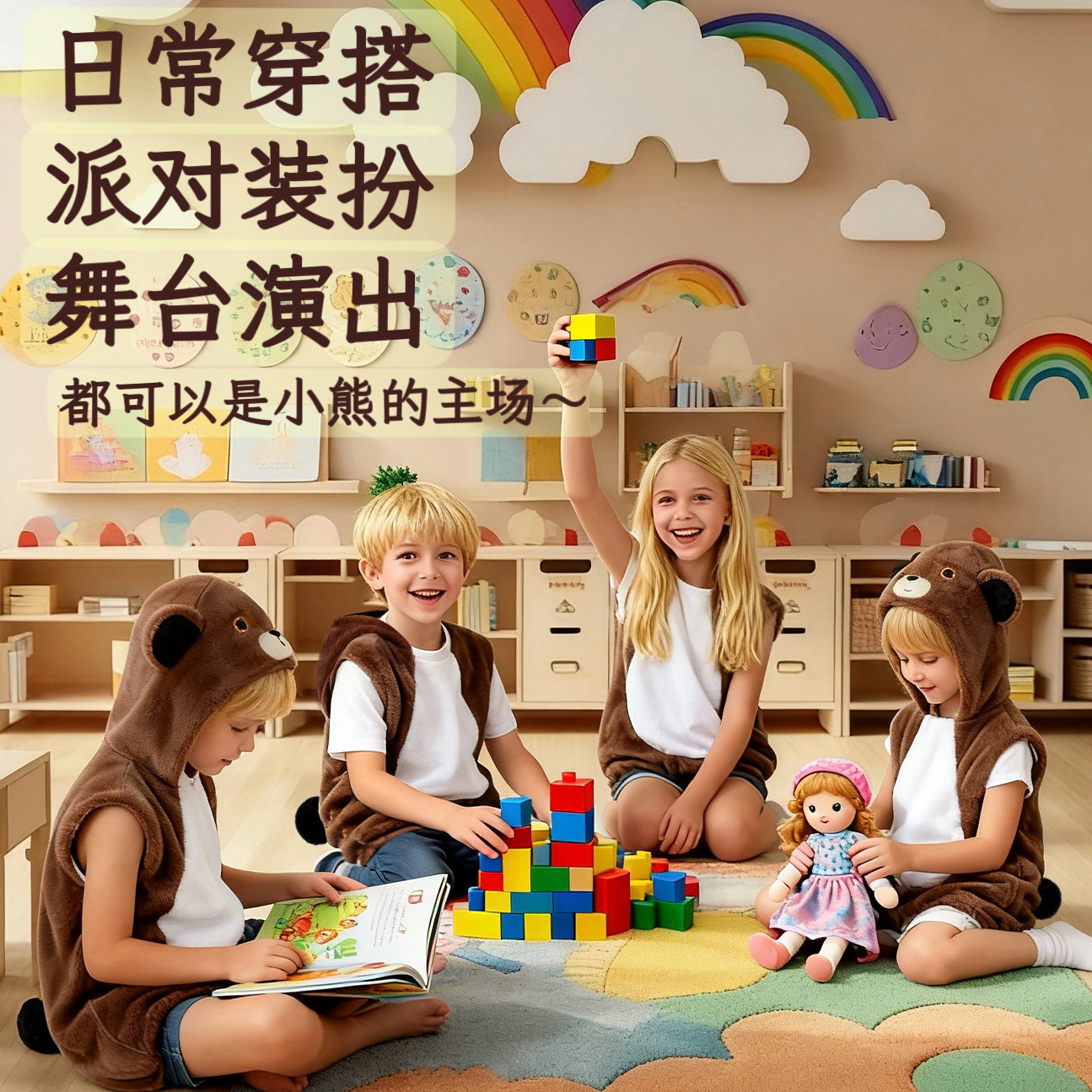 小熊儿童演出服 狗熊帽子萌趣尾巴耳朵 话剧表演讲故事道具易穿脱