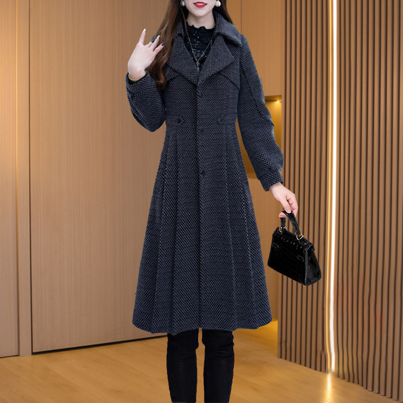 小香风千鸟格加棉毛呢大衣女2026春秋新款收腰高级感小个子长外套