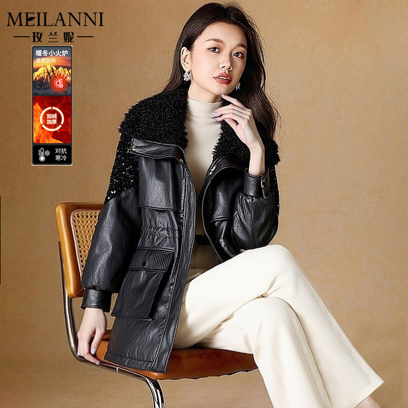 皮毛一体皮面派克服加绒外套女冬