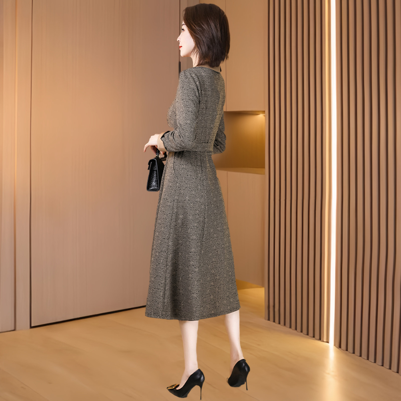 小个子高端精致格纹长袖连衣裙女
