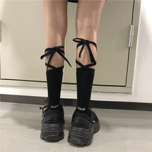 绑带袜子女交叉中筒街头长袜女潮网红款日系lolita黑白软妹小腿袜
