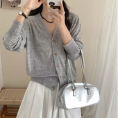 清 V领纯色花纱宽松长袖 针织开衫 T62 实物以直播间为准