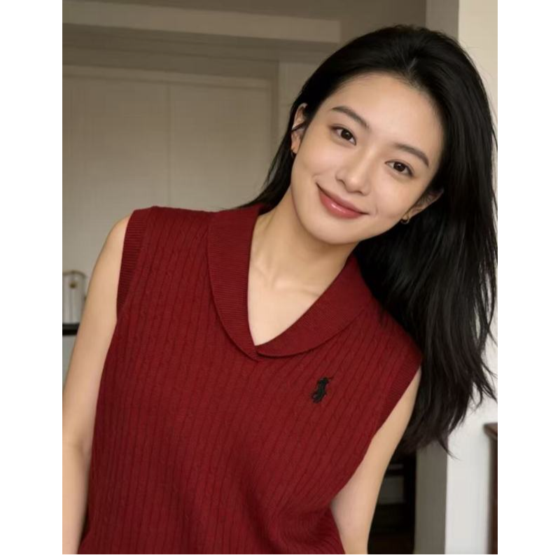翻领刺绣战马无袖麻花针织背心T939（实物以直播间为准）