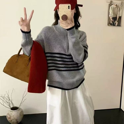 【韩系风】撞色条纹半拉链翻领针织衫-T676（实物以直播间为准）