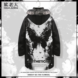 冬季羽绒服男生连帽中长款大衣ins潮流蝴蝶图案外套宽松加肥衣服