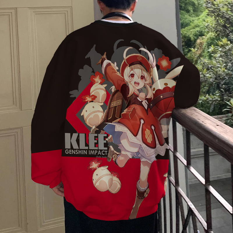 原神可莉联名卫衣外套男oversize圆领上衣加绒加厚二次元长袖T恤