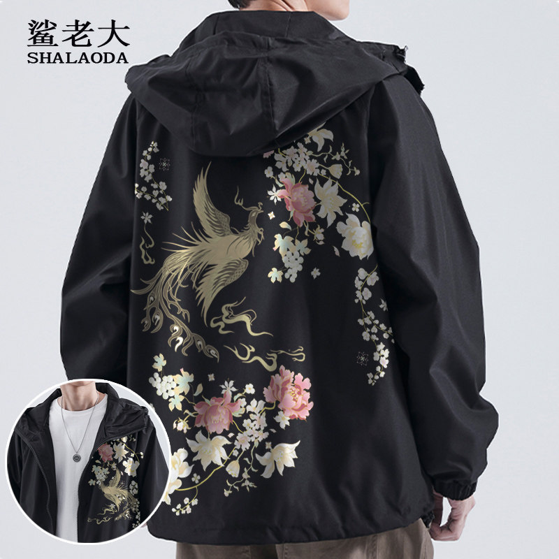 秋季夹克男外套中国风男装国潮凤凰印花加厚上衣开衫大码古风衣服图片