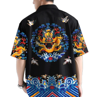 夏季新款短袖衬衫外套男皇帝龙袍中国风衬衣修身显瘦潮流开衫上衣