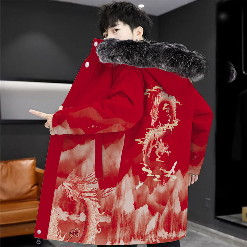 龙印花羽绒服外套男中国风中长款连帽开衫春秋加厚可拆卸内胆棉服