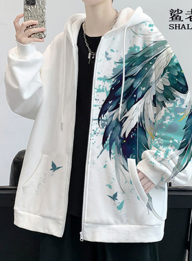 2025新款卫衣外套男羽毛翅膀印花ins潮流连帽开衫秋季大码厚上衣