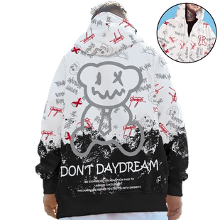 春秋季小熊卫衣男ins潮牌大码连帽外套加绒加厚开衫渐变皮色衣服