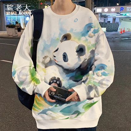 2024新款卫衣外套男士设计感小众ins国潮熊猫印花加绒圆领长袖T恤