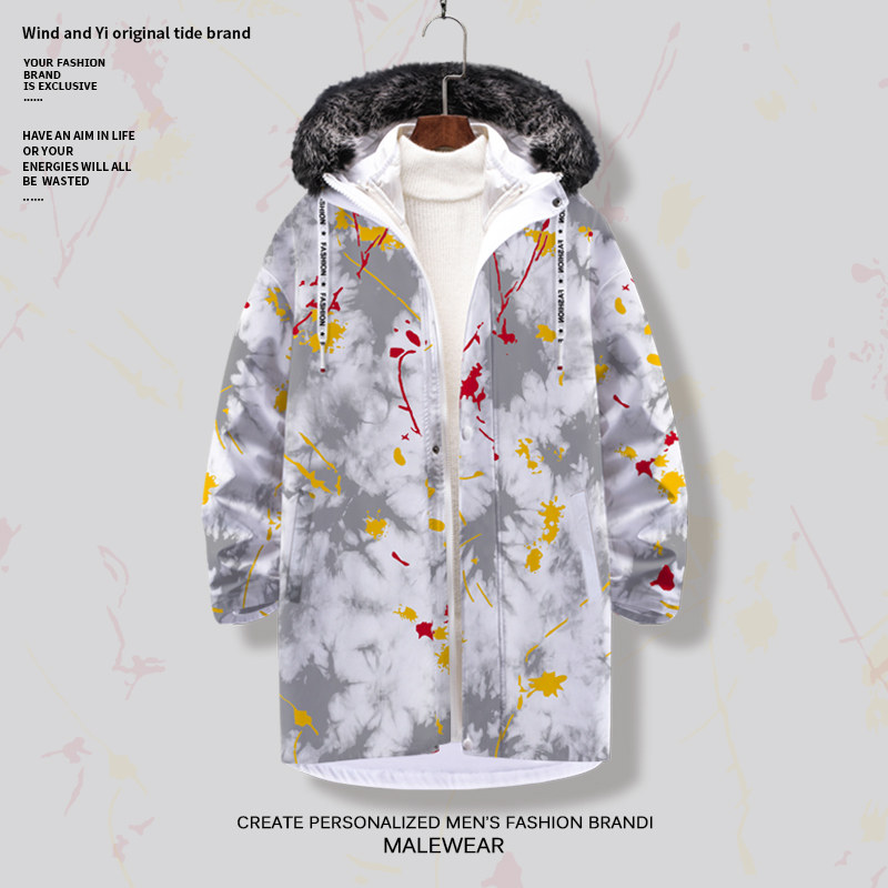 扎染羽绒服外套男oversize中长款连帽棉衣冬季加绒加厚涂鸦面包服
